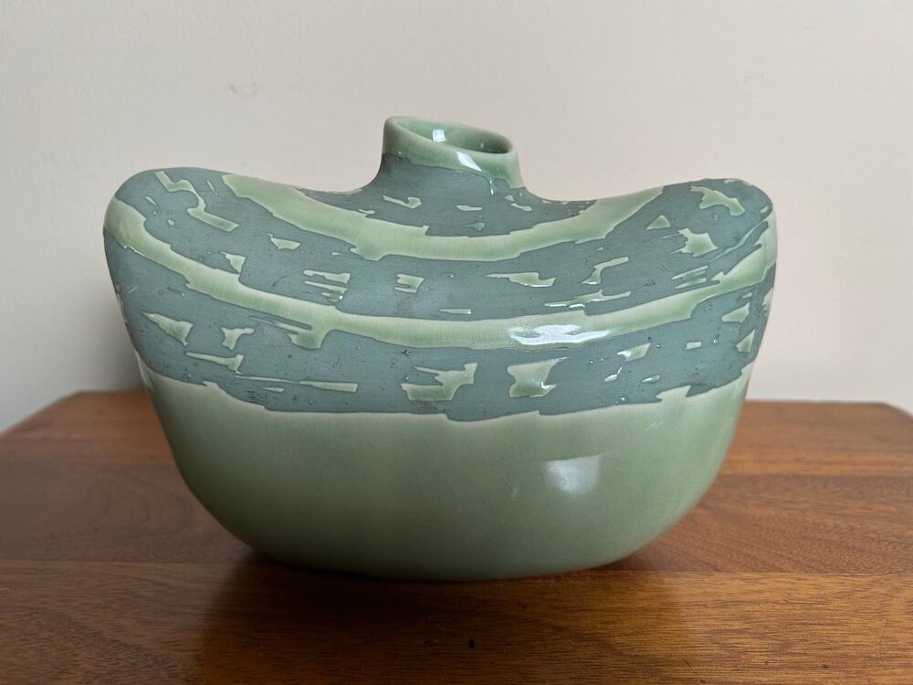 Vintage Kenshoma Studio Pottery Vase, Green Oval Ceramic Vase